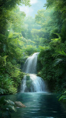 Lush tropical waterfall surrounded by vibrant greenery