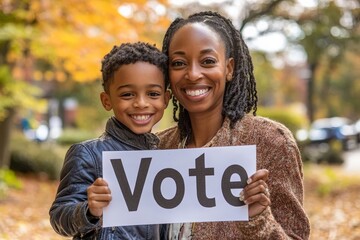 A joyful mother and her young son hold a sign urging people to vote, captured in a vibrant outdoor setting with autumn colors enhancing the scene's positivity.