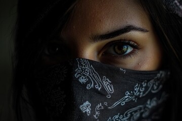 Naklejka premium A mysterious individual's eyes peek out from a stylish patterned bandana in a dark setting, capturing a sense of intrigue and hidden depth through direct gaze.