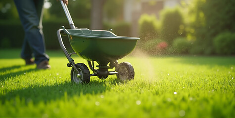 A handheld lawn spreader, featuring a black plastic body with red metal handles