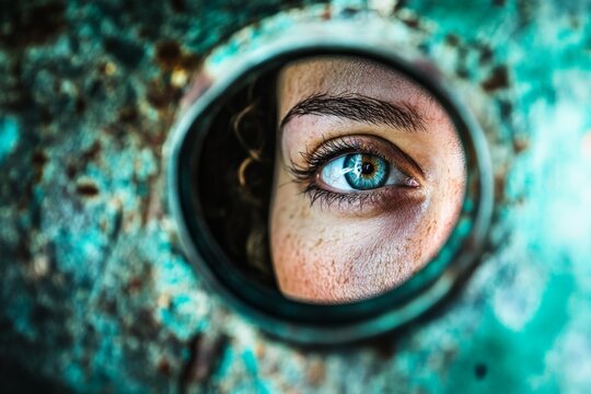 The image captures a close-up view of an eye peering through a circular opening in a textured metallic surface, highlighting details and colors.
