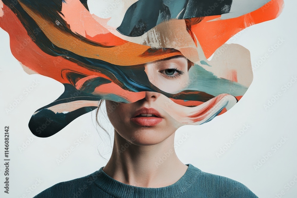 Aufkleber a vibrant, artistic photograph showcasing a face partially obscured by dynamic, multicolored brush s