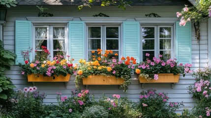 Fototapeta premium Cottage with charming bay windows and flower boxes.