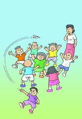 School children and teacher playing, color illustration