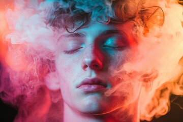 Close-up image of a young person with eyes closed surrounded by a colorful, dreamy cloud of smoke, capturing a serene, introspective, and peaceful emotion.