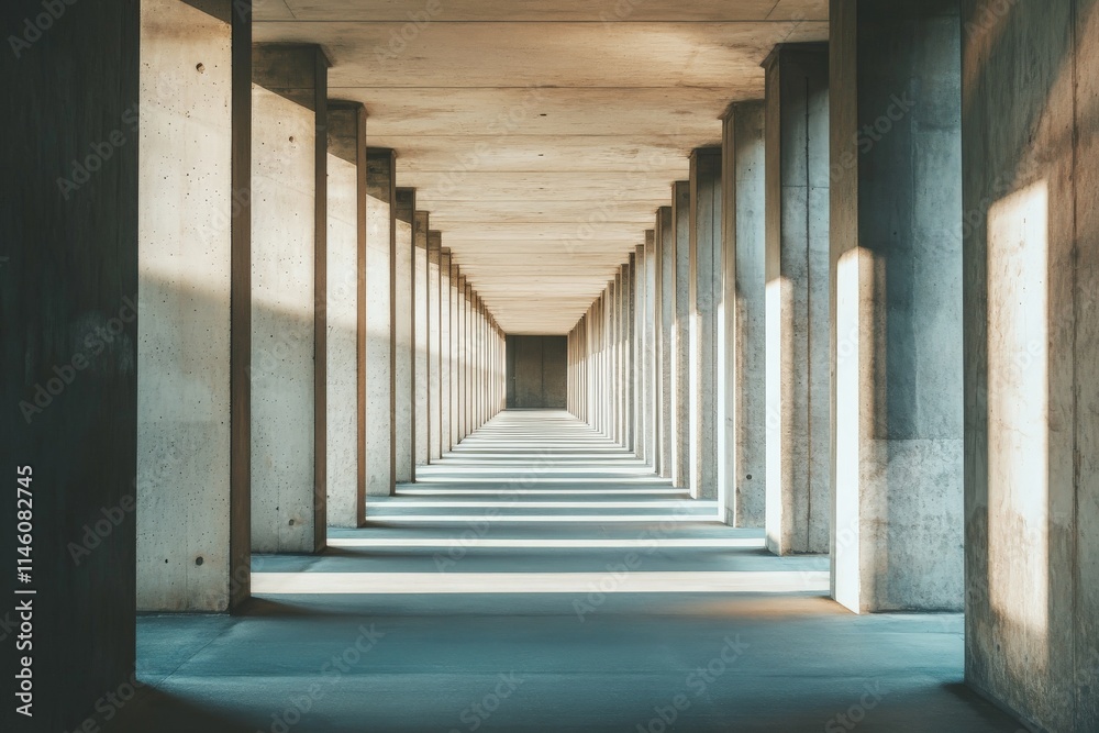 Aufkleber An architectural shot capturing a modern concrete corridor with square columns on each side, creating a fascinating play of light and shadow in a minimalist style.