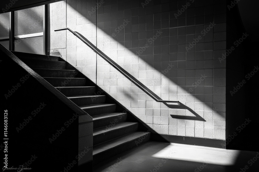 Poster a modern staircase featuring a play of light and shadow, illustrated through its stark, angular desi