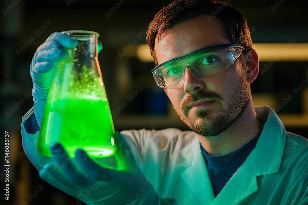 Poster a researcher in a laboratory attentively studies a glowing neon substance in a beaker, epitomizing f