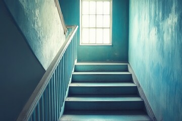 Obraz premium A charming vintage stairwell bathed in soft natural lighting, featuring rustic wood textures and a calming blue wall hue, evoking a sense of nostalgia and warmth.