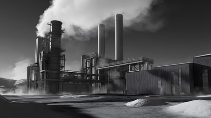 A black and white industrial scene showcasing smokestacks and large machinery, illustrating the power of manufacturing, technology, and environmental impact.