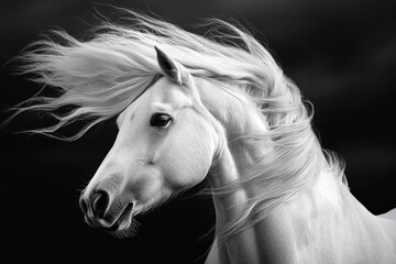 Obraz premium A stunning black and white photograph of an elegant white horse in dramatic motion, capturing its grace and power, evoking freedom and limitless beauty.