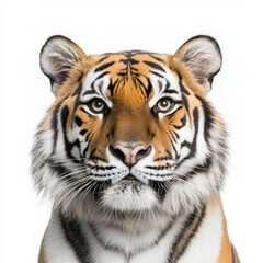 Fototapeta premium Fierce tiger with vivid stripes, isolated on white background