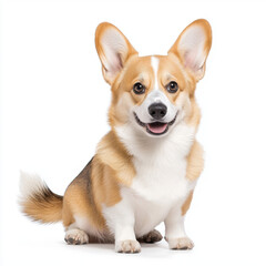 Fluffy corgi with wagging tail, sitting happily on white background