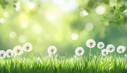 Serene Meadow with Delicate Dandelions Glowing in Soft Natural Light Surrounded by Lush Green Grass and Blurred Background of Summer Foliage