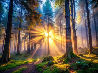 Fototapeta premium Ethereal fantasy photography: sunlit rays in a surreal, misty forest dream.
