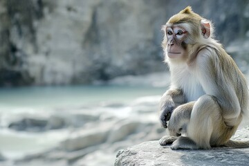 Obraz premium Japan, Yamanouchi, Jigokudani Monkey Park, red-faced macaque with young animal. Beautiful simple AI generated image