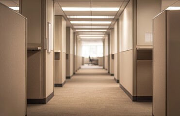 Serene Office Corridor with Neutral Tones and Soft Lighting, Ideal for Modern Business Environments, Featuring Untouched Workspaces and Calm Atmosphere