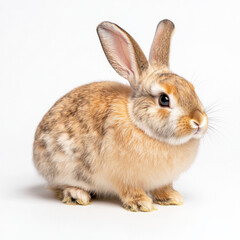 Obraz premium Fluffy rabbit with long ears sitting on white background, looking curious