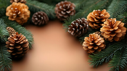 Pine Cones & Fir Branches Decorate Festive Background
