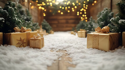 Winter Wonderland: Festive Gifts Gleam on Snow-Covered Path, Festive Lights Shine Brightly.