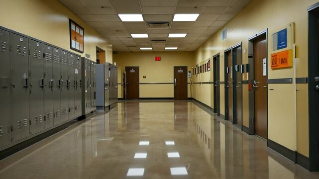 a quiet and empty campus or school hallway