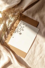 Mockup of a white greeting card on an aesthetic fabric background and dry branches. Perfect for stationery and minimalistic design projects.