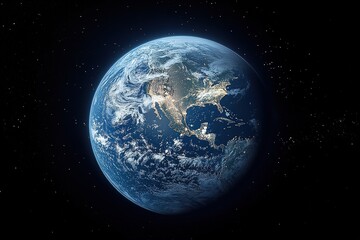 Stunning View of Earth from Space with Vibrant Blue Oceans and White Cloud Patterns Under a Starry Sky at Nighttime