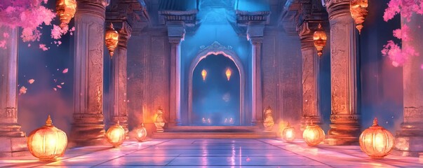 Chinese new year temples concept. Temple interior, intricate carvings and glowing lanterns, warm spiritual atmosphere, watercolor style