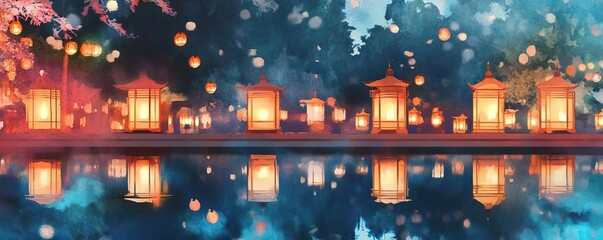 Chinese new year temples concept. Temple lanterns reflected in nearby pond, serene and colorful holiday scene, watercolor style