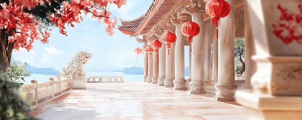 Chinese new year temples concept. Temple pathway lined with red couplets and banners, inviting festive charm, watercolor style