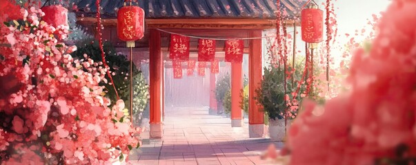 Chinese new year temples concept. Temple pathway lined with red couplets and banners, inviting festive charm, watercolor style