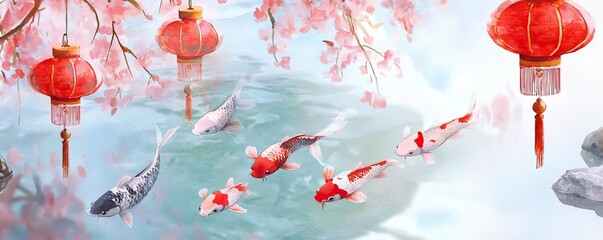 Chinese new year temples concept. Temple pond with koi fish, surrounded by red lanterns, peaceful holiday moment, watercolor style