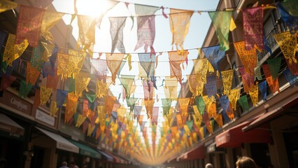 Obraz premium Colorful papel picado banners in sunny street.