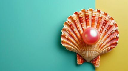Open sea shell and pink pearl on teal yellow background