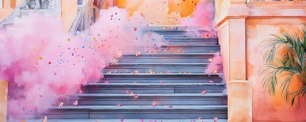 Chinese new year temples concept. Temple steps with firecrackers, lively celebration and vibrant decorations, watercolor style