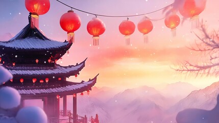 Chinese new year temples concept. Temple surrounded by snowy mountains, red lanterns creating contrast, rare winter festivity, watercolor style