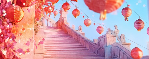 Chinese new year temples concept. Temple steps with firecrackers, lively celebration and vibrant decorations, watercolor style