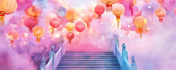 Chinese new year temples concept. Temple steps with firecrackers, lively celebration and vibrant decorations, watercolor style