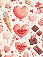 Whimsical Valentine s Day Themed Cartoon Pattern with Hearts Gifts and Sweets