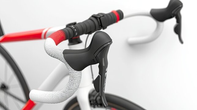 Close-up of a bicycle handlebar with integrated gear shifters and textured grips.