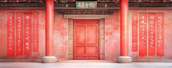 Chinese new year temples concept. Temple walls adorned with calligraphy and red banners, historic elegance, watercolor style