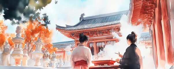 Chinese new year temples concept. Traditional calligraphy writing at temple, red couplets created with care, cultural artistry, watercolor style
