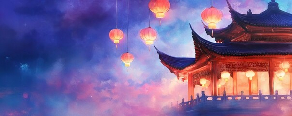 Chinese new year temples concept. Traditional Chinese temple at night, glowing lanterns illuminating the structure, tranquil ambiance, watercolor style