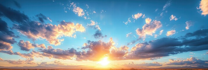 Stunning Sunset over a Vast Horizon with Dramatic Clouds Illuminated by Golden Sunlight in a Clear Blue Sky