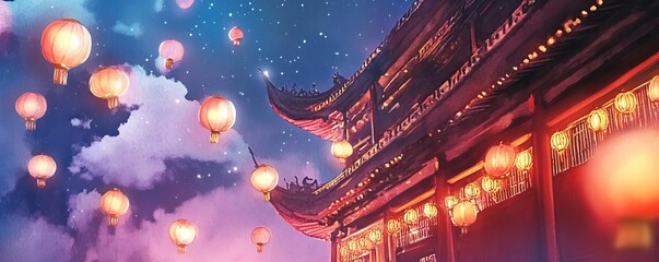 Chinese new year temples concept. Traditional Chinese temple at night, glowing lanterns illuminating the structure, tranquil ambiance, watercolor style
