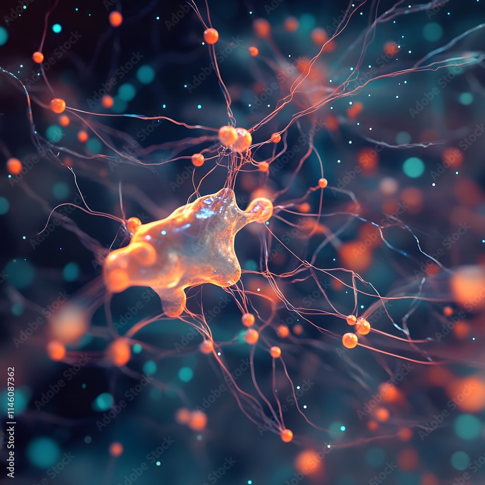 Poster an intricate visualization of neuronal connections, showcasing vibrant colors and dynamic forms in a