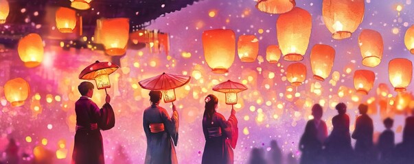 Chinese new year temples concept. Visitors carrying lanterns in temple procession, harmonious and traditional scene, watercolor style