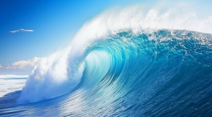 Massive ocean wave curling, turquoise water, white foam, blue sky.