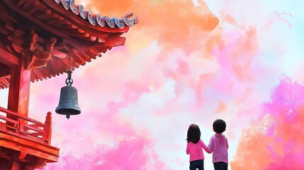Chinese new year temples concept. Children playing near temple bell, festive joy and cultural backdrop, watercolor style