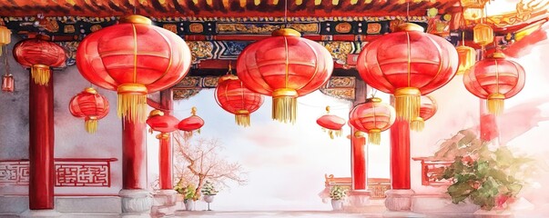 Chinese new year temples concept. Chinese temple during Lunar New Year, adorned with red lanterns and gold accents, peaceful atmosphere, watercolor style